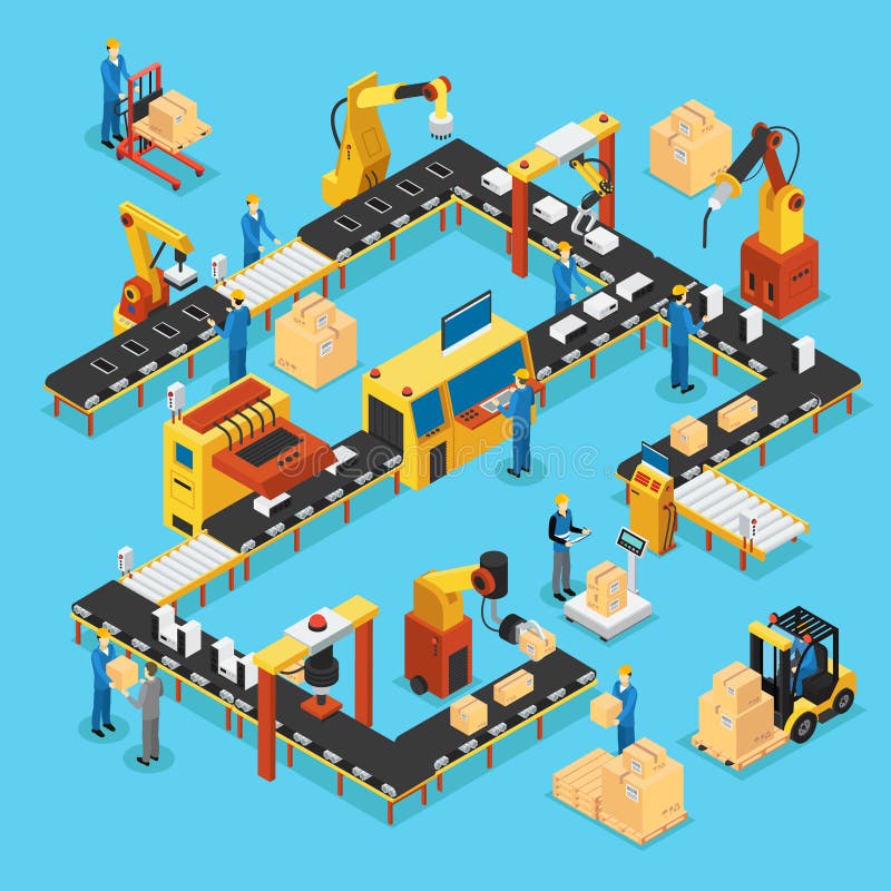 Cadena de producción automatizada isométrica concepto stock de ilustración