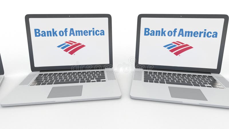 Cadernos com logotipo do Banco Americano na tela Grampo conceptual do editorial 4K da informática, laço sem emenda