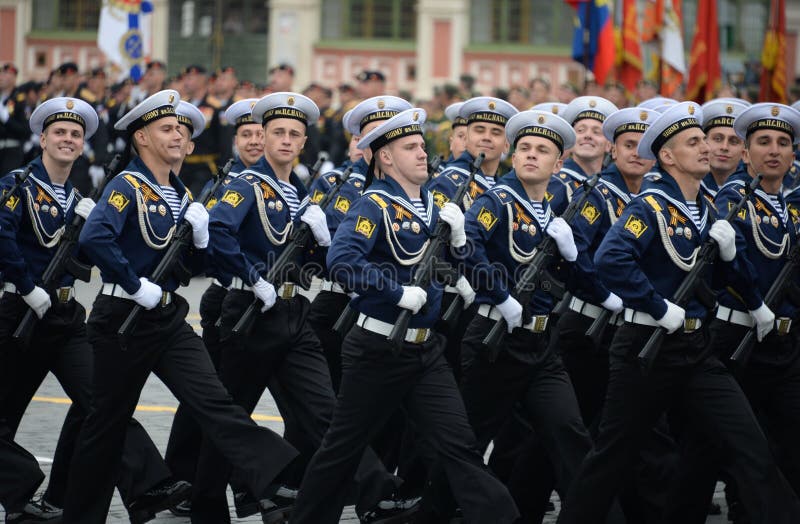 Cadets of the black sea higher naval school named after Admiral Nakhimov during the parade on red square in honor of Victory Day stock images Cadets of the black sea higher naval school named after Admiral Nakhimov during the parade on red square in honor of Victory Day stock images