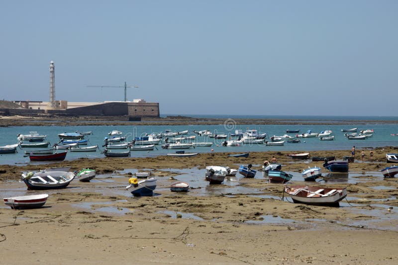 Boats off the Atlantic coast near the fortress of San Sebastian in Cadiz. stock image Boats off the Atlantic coast near the fortress of San Sebastian in Cadiz. stock image