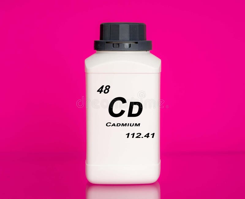 Cadmium Cd chemical element in a laboratory plastic container stock images
