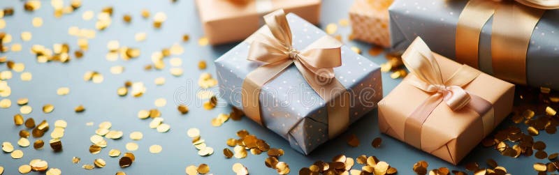 Cadouri elegante pentru ziua de naștere se odihnesc pe o masă înconjurată de confetti de aur sclipitoare creând un bucurie și fest royalty free stock photo