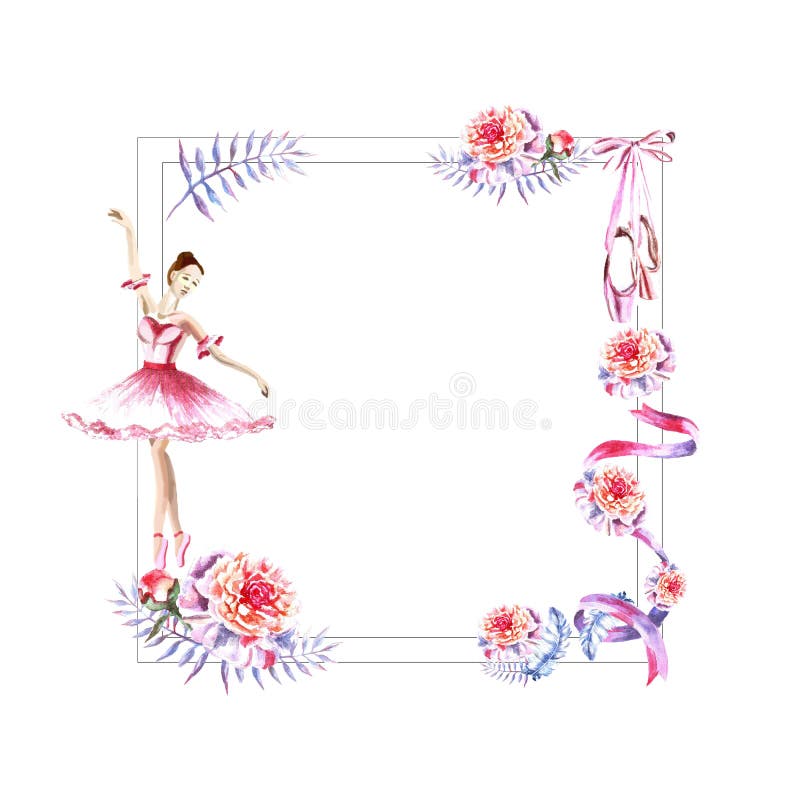 Cadre carré d'aquarelle des plumes, pivoines, brindilles, ruban, ballerine, pointes illustration stock Cadre carré d'aquarelle des plumes, pivoines, brindilles, ruban, ballerine, pointes illustration stock