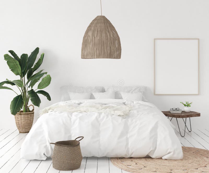 Cadre d'affiche de maquette dans la chambre à coucher, style scandinave illustration de vecteur