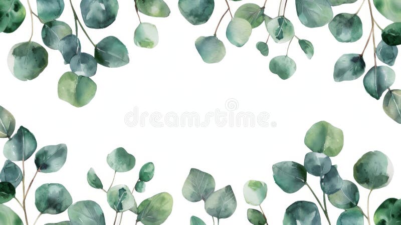 Herbal eucalyptus leaves frame isolated on a white background. Greenery wedding simple minimalist invitation. Watercolor style card. Delicate Foliage and Flowers Watercolor Frame Border With White Background AI generated. Herbal eucalyptus leaves frame isolated on a white background. Greenery wedding simple minimalist invitation. Watercolor style card. Delicate Foliage and Flowers Watercolor Frame Border With White Background AI generated