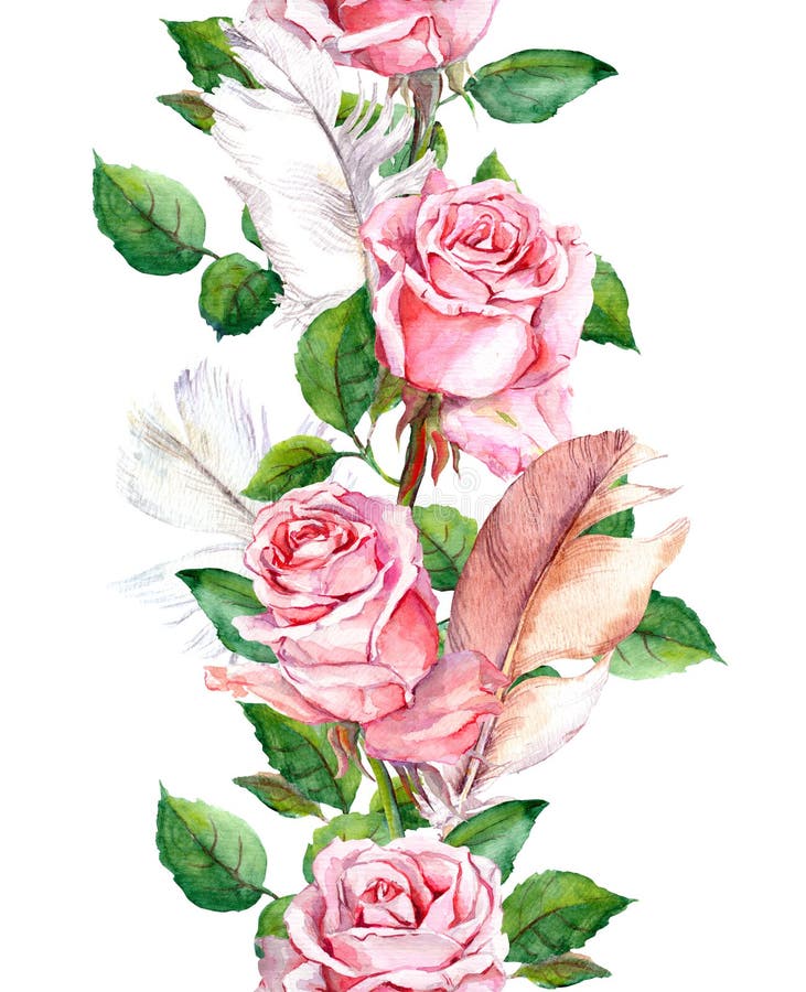 Repeating floral pattern with pink rose flowers and feathers. Watercolor. Repeating floral pattern with pink rose flowers and feathers. Watercolor