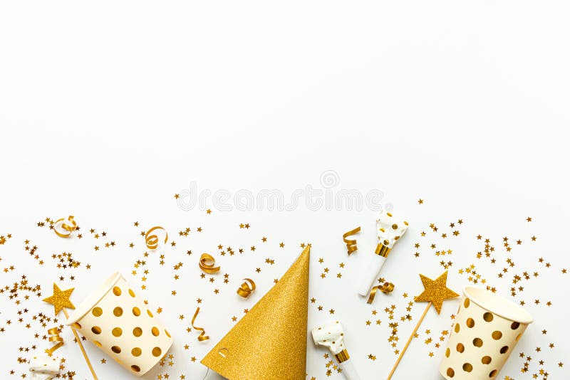 Cadre de la fête - accessoires de fête aux couleurs dorées Espace de copie images stock Cadre de la fête - accessoires de fête aux couleurs dorées Espace de copie images stock