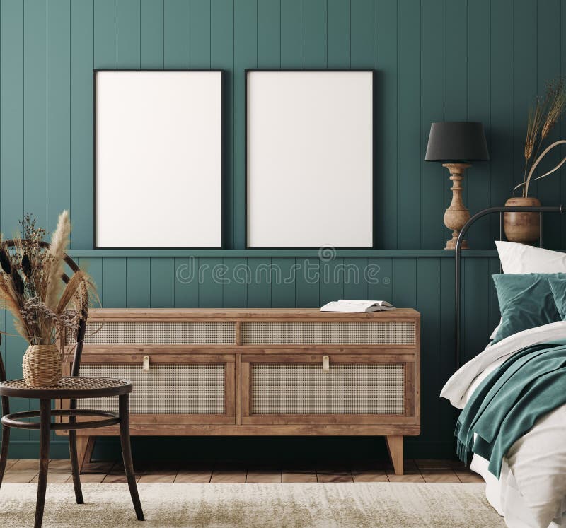Cadre de maquette dans le style intérieur de ferme de fond de chambre confortable en bleu foncé. Le cadre prototypes en ferme intérieure de fond de chambre confortable bleu foncé dénomment 3d pour rendre