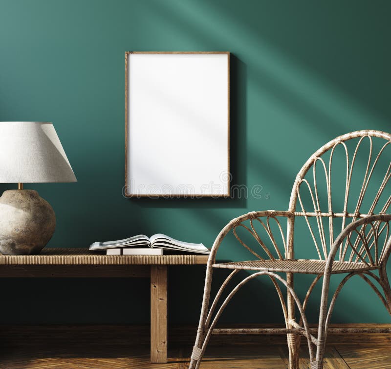 Cadre de maquillage gros plan dans la maison arrière-plan intérieur chambre vert foncé avec banc et décor illustration stock