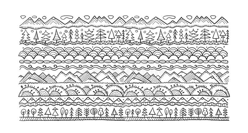 Cadre de modèle de nature abstrait pour votre conception. icônes de forêt et de montagne. style ethnique illustration stock