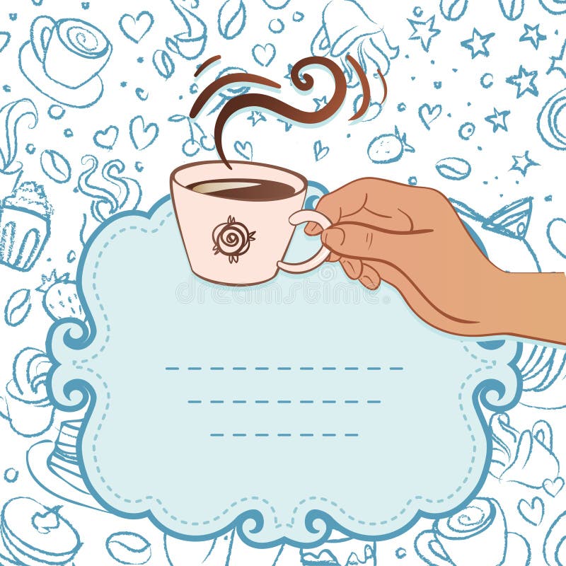 Tea party invitation vintage style frame with hand holding cup of coffee. Vector illustration. Tea party invitation vintage style frame with hand holding cup of coffee. Vector illustration.