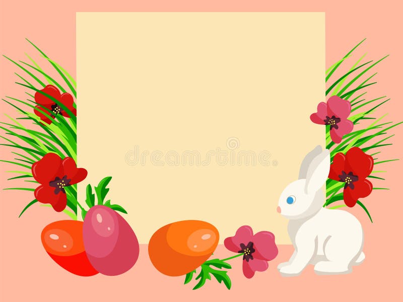 Frame decorated with colored eggs, Easter bunny, grass and red poppies on peach background. Copy space. Vector illustration for banner, poster, shop window. Frame decorated with colored eggs, Easter bunny, grass and red poppies on peach background. Copy space. Vector illustration for banner, poster, shop window