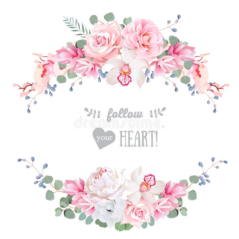 Cadre floral de conception de vecteur de mariage mignon Rose, pivoine, orchidée, anémone, fleurs roses, eucaliptus part