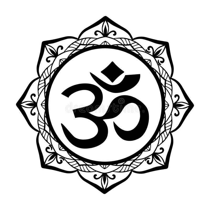 Cadre floral rond de mandala et oh tatouage de signe ou calibre de pochoir, symbole indou sacré Yoga, spiritualité, religion d'hi illustration stock Cadre floral rond de mandala et oh tatouage de signe ou calibre de pochoir, symbole indou sacré Yoga, spiritualité, religion d'hi illustration stock