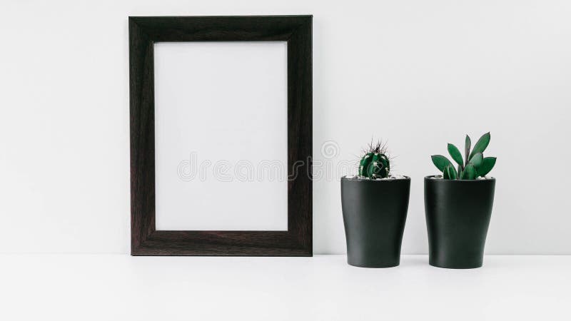 Cadre foncé vide de photo et deux succulents dans des pots foncés sur un fond blanc Maquette scandinave de style photos libres de droits Cadre foncé vide de photo et deux succulents dans des pots foncés sur un fond blanc Maquette scandinave de style photos libres de droits