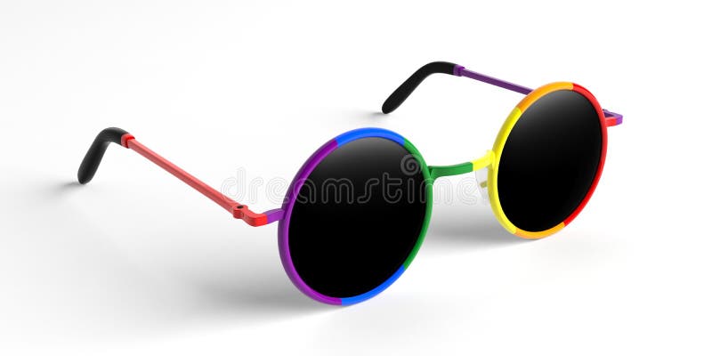 Cadre métallique de couleur multi ronde de fierté gaie de lunettes de soleil avec la lentille noire, vue de côté, sur un fond bla illustration stock Cadre métallique de couleur multi ronde de fierté gaie de lunettes de soleil avec la lentille noire, vue de côté, sur un fond bla illustration stock