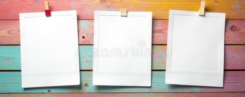 Cadre polaroide albe în alb-negru pe cadrul de lemn de fundal vibrant al grăunțelor de lemn vector illustration