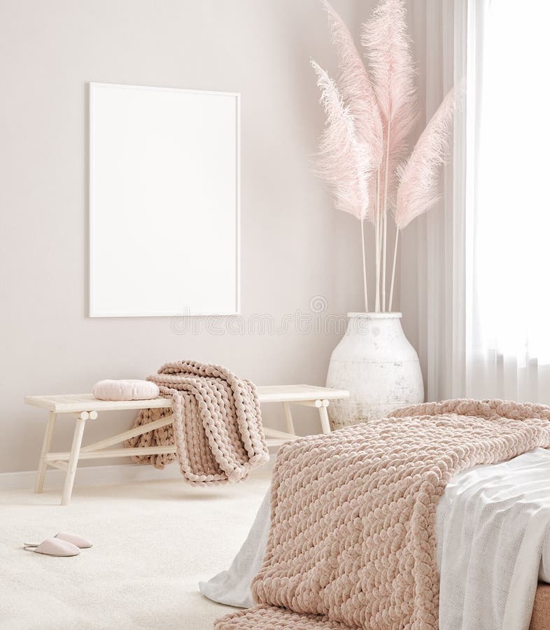 Cadre prototypes en arrière-plan intérieur rose pastel de la chambre à coucher, style Scandi-Boho illustration de vecteur