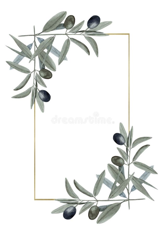 Watercolor hand drawn gold frame with olive branches with green and black fruit on trendy earthy hue isolated on white background. Template with copy space good for summer design. Watercolor hand drawn gold frame with olive branches with green and black fruit on trendy earthy hue isolated on white background. Template with copy space good for summer design