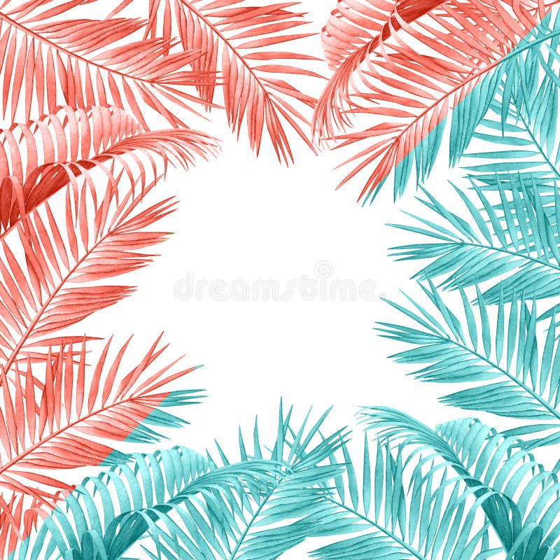 Cadre tropical avec des branches de paume d'aquarelle dans des couleurs de corail bleu-clair et vivantes illustration de vecteur Cadre tropical avec des branches de paume d'aquarelle dans des couleurs de corail bleu-clair et vivantes illustration de vecteur
