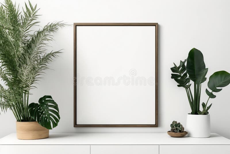Cadre Libre Noir Avec Plante Verte Sur Mur Blanc 40x60 Rendu 3d  Illustration 3d