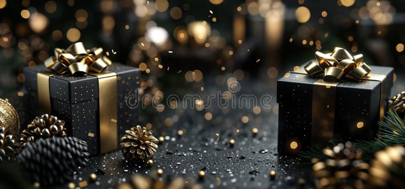 Cadre élégant de noël avec boîtes cadeaux en noir et or. Rendu 3d d'une scène de noël luxueuse avec boîtes cadeaux noir et or cônes de pin et lumières festives