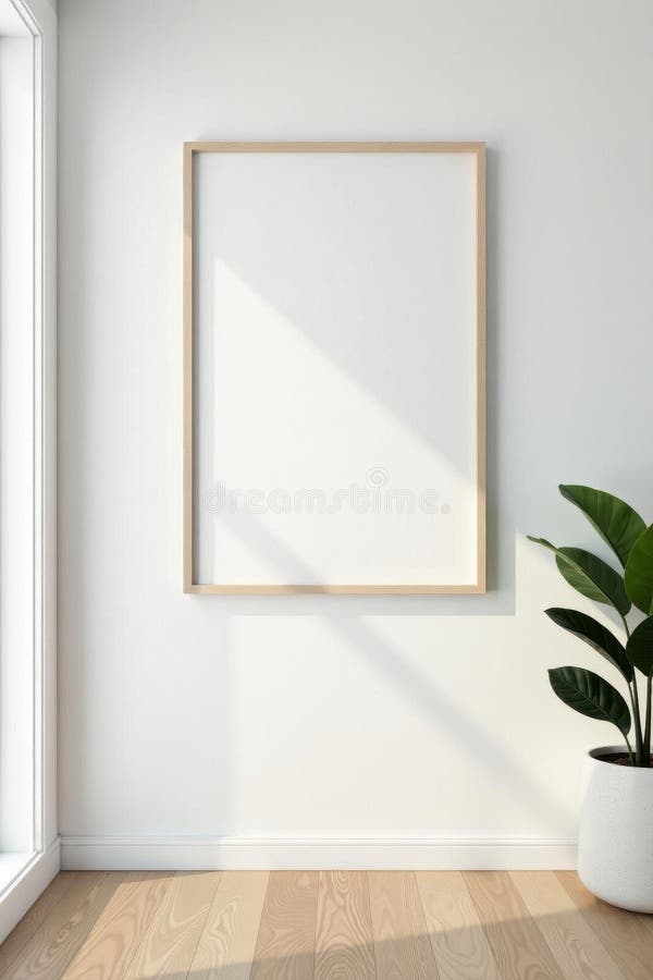 Ramă goală din lemn alb pe un perete alb. Design interior minimalist, ramă albă, simplă, ramă foto. vector illustration
