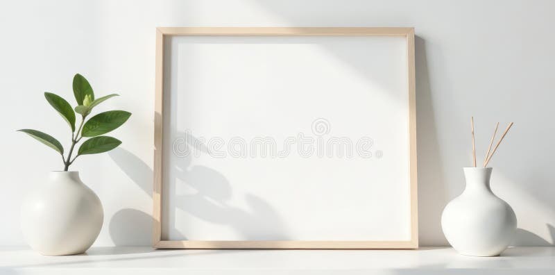 Cadru alb alb din lemn pe un perete alb Cadru minim estetic din lemn curat stock illustration