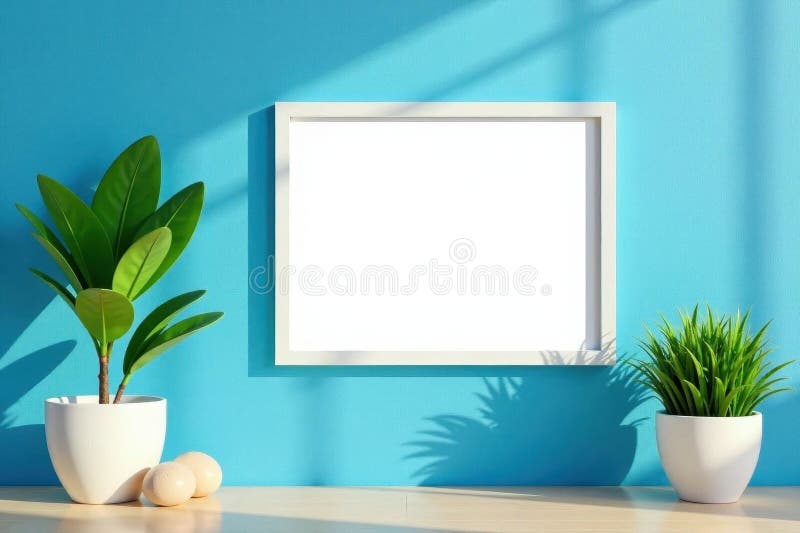 Cadru alb gol împotriva peretelui albastru texturat cu plante care se strecoară simplu stock illustration