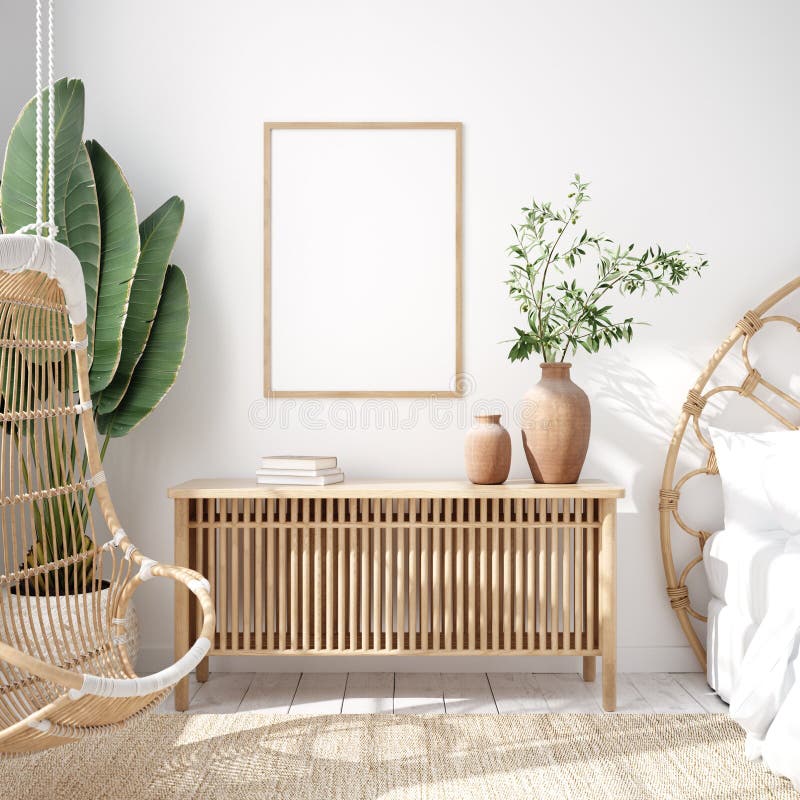 Cadru de machetă în interiorul dormitorului, în fundal interior, în stil boho costier royalty free illustration