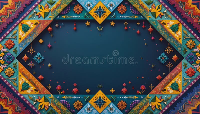 Cadru decorativ colorat cu ornamente florale etnice și fundal albastru închis vector illustration