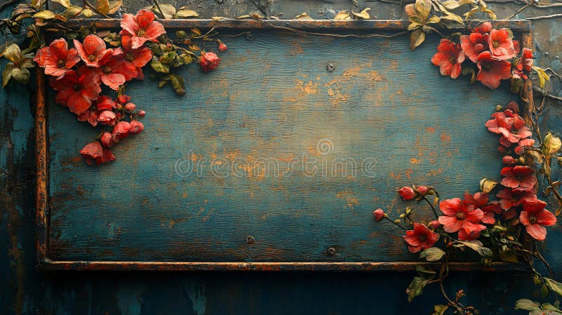 Cadru din lemn cu teanghie rustică, cu floră roșie, cu un design de fond al florilor, generat de tine. royalty free stock photo