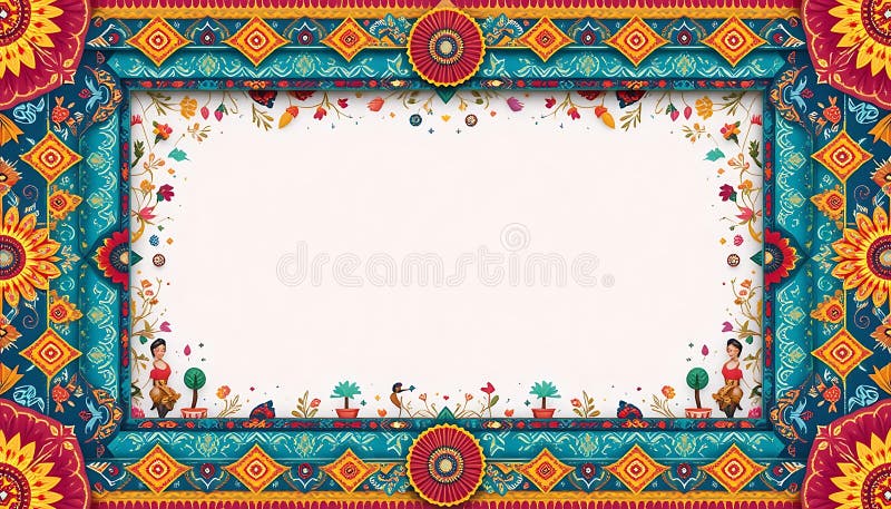 Cadru floral vibrant cu elemente de artă populară și spațiu alb curat vector illustration