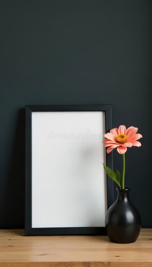Cadru negru masă simplă din lemn cu floare simplă setând lumina imaginii stock illustration