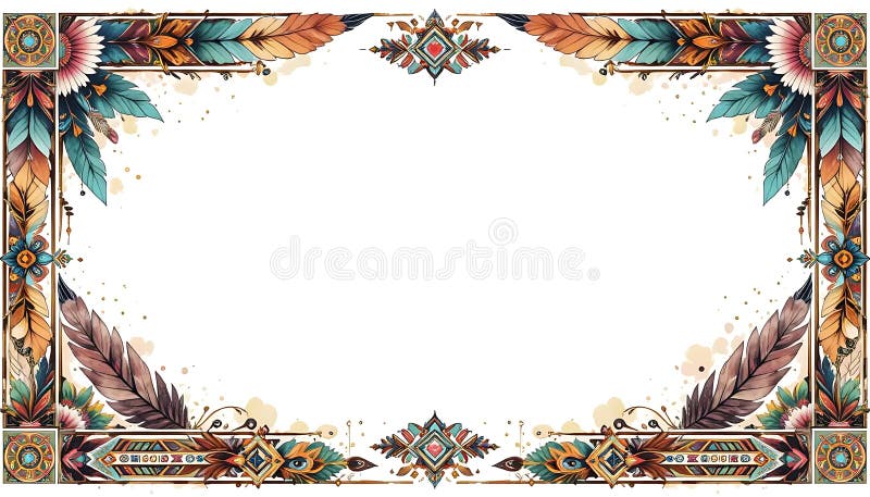 Cadru ornamental cu pene etnice și decorațiuni geometrice pe alb royalty free illustration