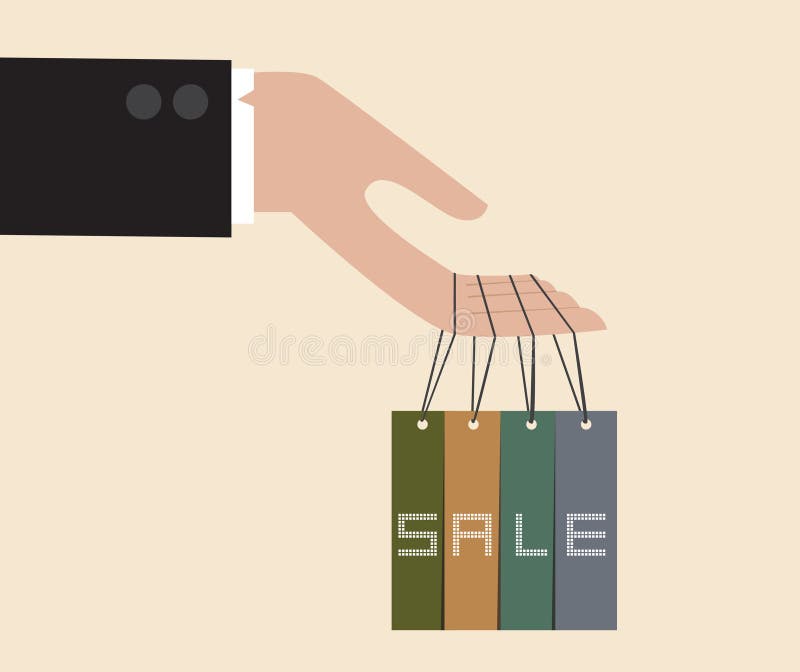 Caduta della mano dell'uomo d'affari con l'etichetta di sconto illustrazione vettoriale
