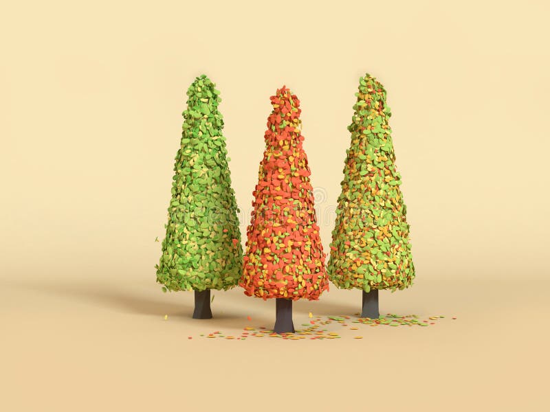 caduta minima verde gialla di stile del fumetto di tre pini della rappresentazione 3d/stagione rosse di autunno illustrazione di stock caduta minima verde gialla di stile del fumetto di tre pini della rappresentazione 3d/stagione rosse di autunno illustrazione di stock
