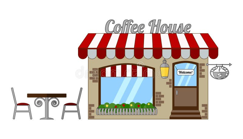 Cafe Confortable D Isolement Avec Un Toit Blanc Rouge Et Un Balcon