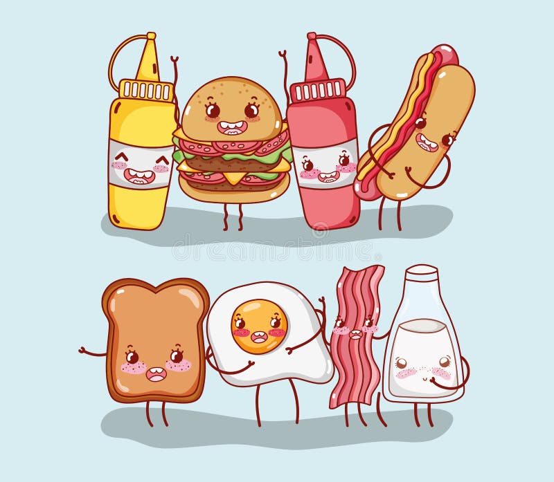 Comida de kawaii dos desenhos animados - bacon e ovos mexidos