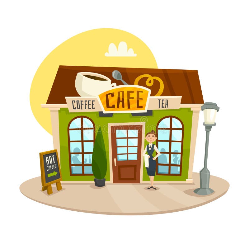 Cafe Building, Coffee and Tea Shop, Front View, Cartoon Vector Illustration Stock Vector - Illustration of restaurant, cartoon: 68487049 Cafe Building, Coffee and Tea Shop, Front View, Cartoon Vector Illustration Stock Vector - Illustration of restaurant, cartoon: 68487049