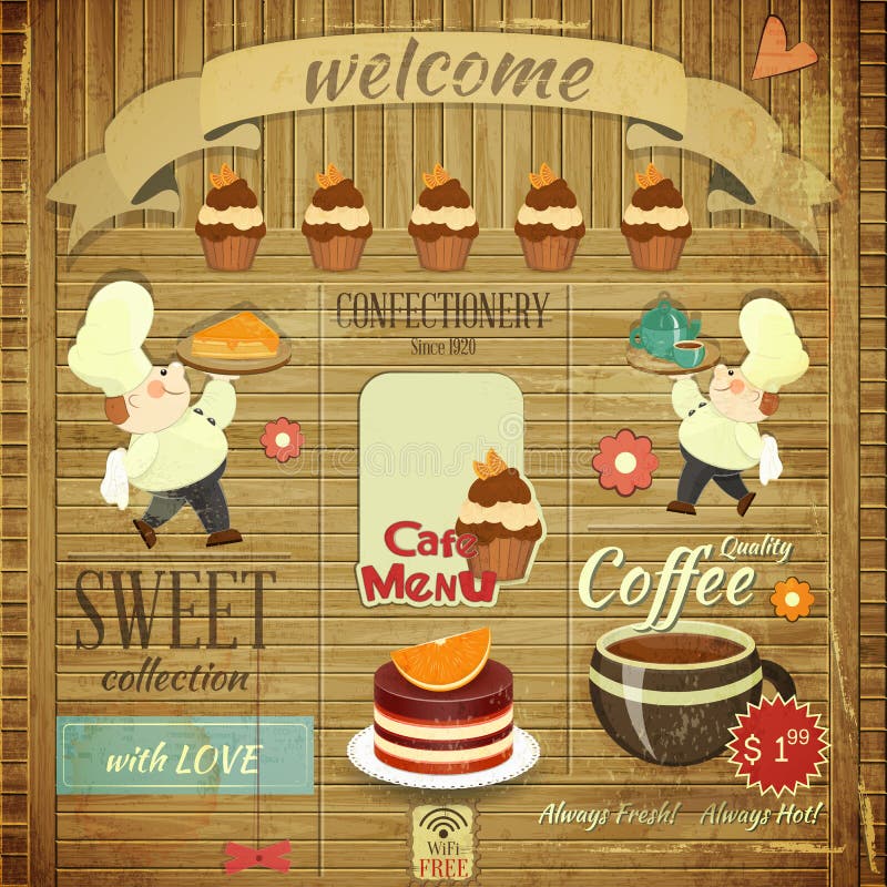 Cafe Confectionery Menu Card in Retro style - Cooks brought Dessert on Wooden Grunge Background - illustration. Cafe Confectionery Menu Card in Retro style - Cooks brought Dessert on Wooden Grunge Background - illustration