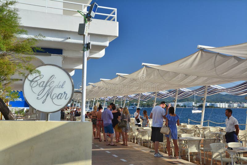 IBIZA, SPAIN - JULY 12, 2017: Cafe del Mar in San Antonio de Portmany on Ibiza island. It is a famous seaside bar with the best views of sunset with live dj chillout music