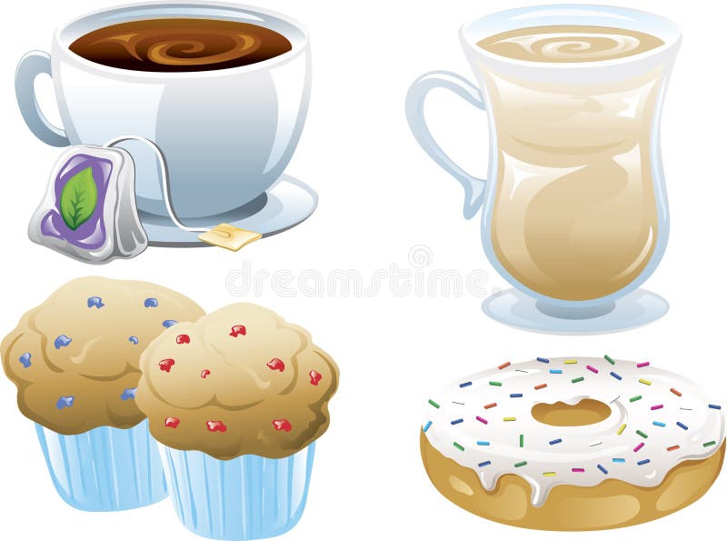 Illustrations of four different cafe food icons, iced coffee, tea, muffins and a doughnut.