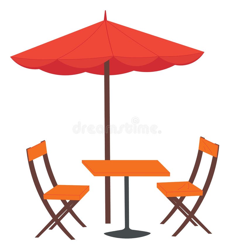 Cafe and garden furniture wooden table, chair, umbrella isolated on a white background. Summer cafe