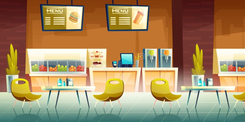 City cafeteria, fast food cafe, mall food court restaurant cartoon vector empty interior with counter desk, fruits, sweets and bakery under showcases, tables with chairs, menu signboards illustration. City cafeteria, fast food cafe, mall food court restaurant cartoon vector empty interior with counter desk, fruits, sweets and bakery under showcases, tables with chairs, menu signboards illustration