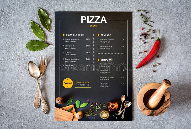 Hãy đến nhà hàng của chúng tôi để thưởng thức các món ngon tuyệt vời với thiết kế menu độc đáo. Các món ăn đa dạng, từ món khai vị đến món chính, được bày trí đẹp mắt trên menu. Bên cạnh đó, không gian quán cũng được thiết kế sáng tạo để mang tới trải nghiệm tuyệt vời nhất cho khách hàng. 