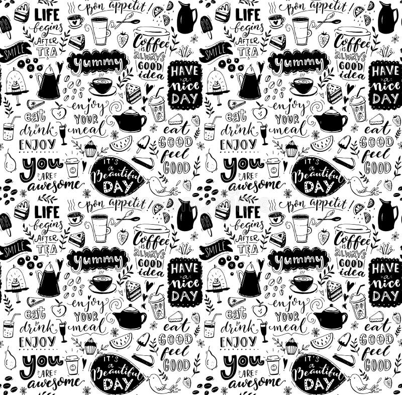 Cafe seamless pattern. Hand drawn tea and coffee pots, desserts and inspirational captions. Menu cover design, wallpaper vector illustration Cafe seamless pattern. Hand drawn tea and coffee pots, desserts and inspirational captions. Menu cover design, wallpaper vector illustration