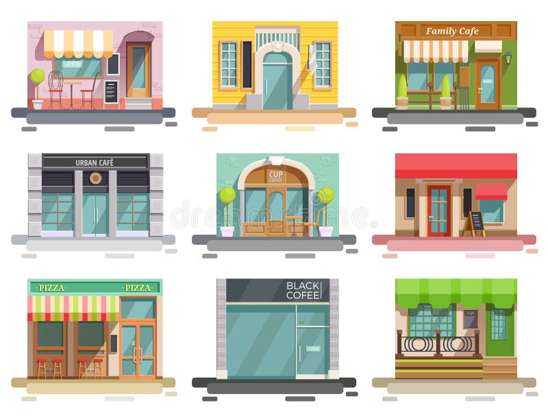 Cafe flat collection of nine isolated doodle style images with storefronts and different interior design elements vector illustration. Cafe flat collection of nine isolated doodle style images with storefronts and different interior design elements vector illustration