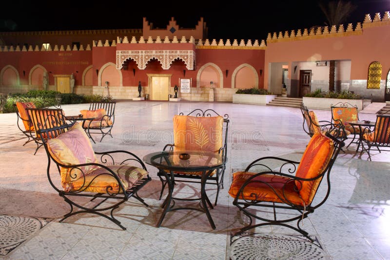 Cafe table and chairs in oriental style resort