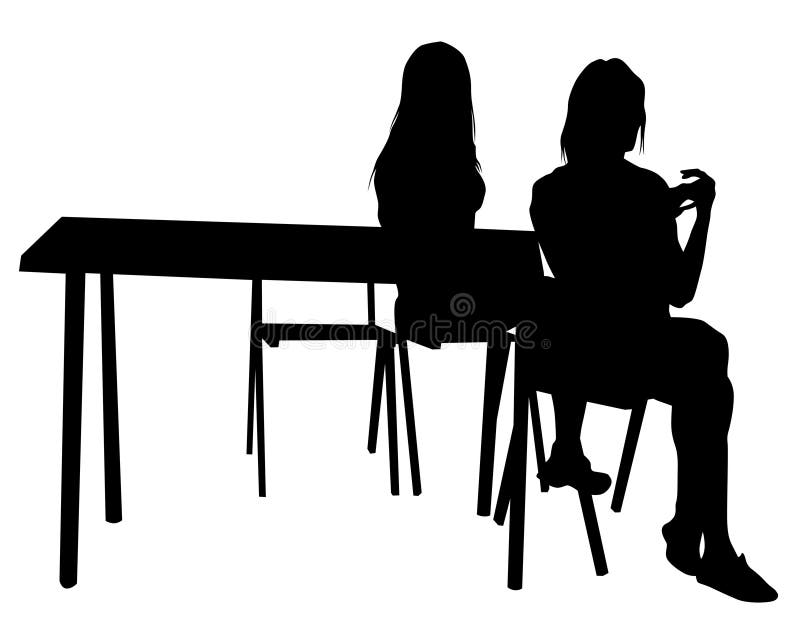 She is sitting at the table. He is sitting at the Table.. She is sitting on the Table. Cartoony girl sitting Front silhouette.